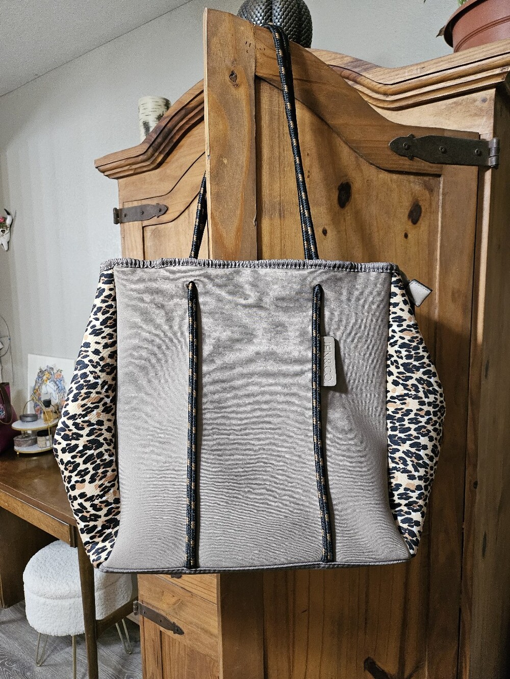 Leopard-Panel Gray Tote Bag with Rope Straps